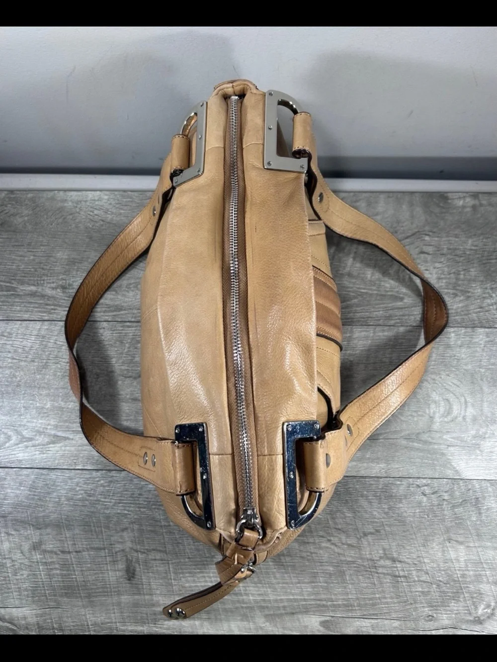 B. Makowsky Tan Glove Leather Double Handles Hobo Shoulder Satchel Bag Purse